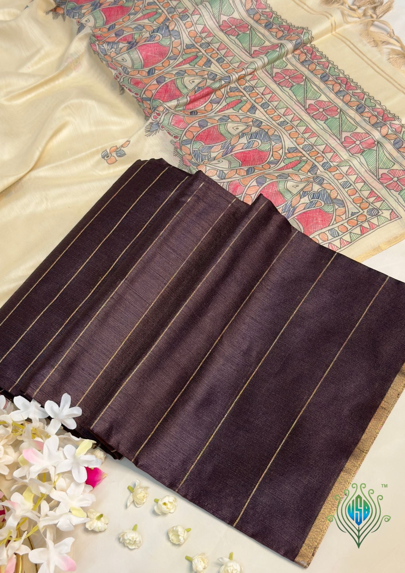 MANSI 173: Coffee Brown Raw Silk Suit Set with Cream Madhubani Dupatta