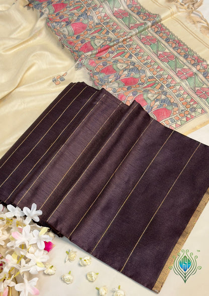MANSI 173: Coffee Brown Raw Silk Suit Set with Cream Madhubani Dupatta