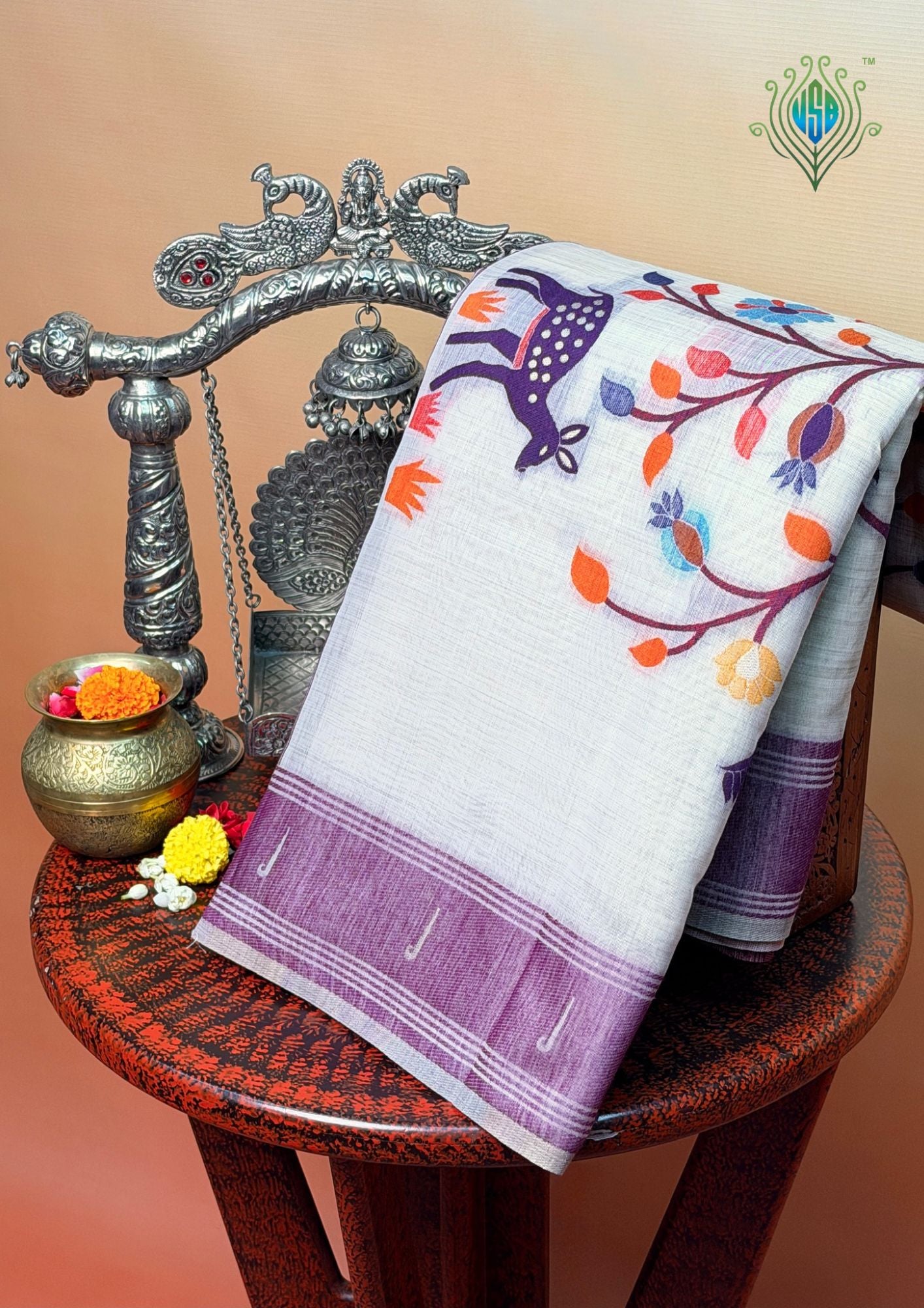 UTSAV BANARAS 465: Off White Cotton Saree with Multicolor Resham Tree of Life &amp; Bird Motif