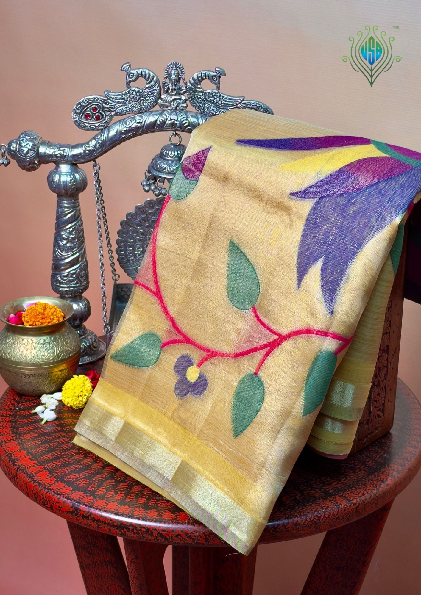 UTSAV BANARAS 467: Mustard Yellow Cotton Saree with Resham Swan Motif &amp; Lotus Floral Design