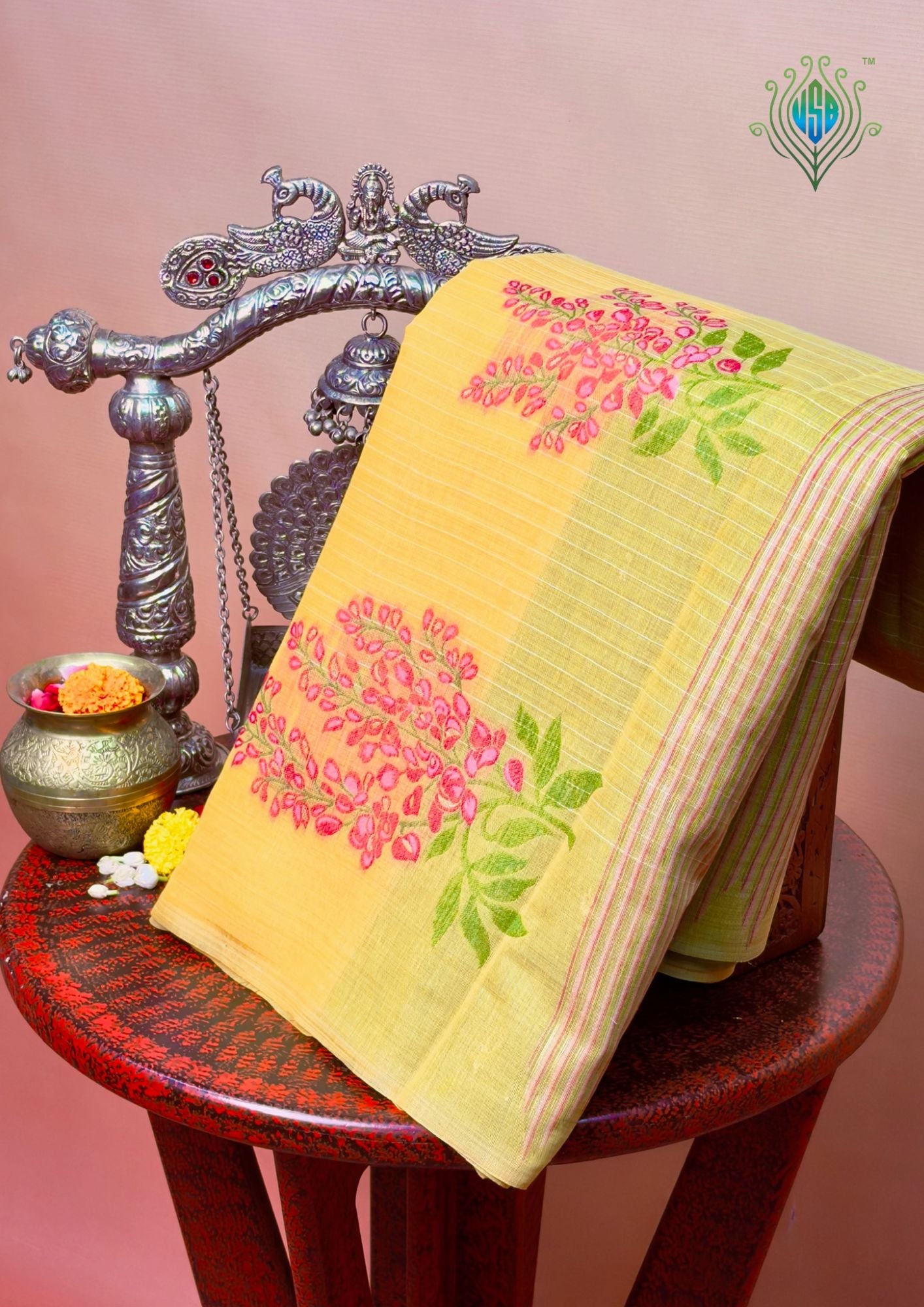 Utsav Banaras 456: Mustard Yellow Cotton Saree with Pink Resham Floral Buta Work