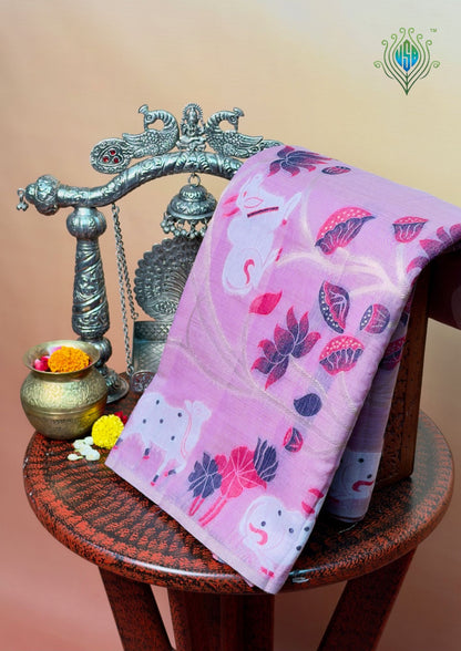 Utsav Banaras 457: Dusty Mauve Cotton Saree with Resham Nandi Motif &amp; Traditional Folk Art Work