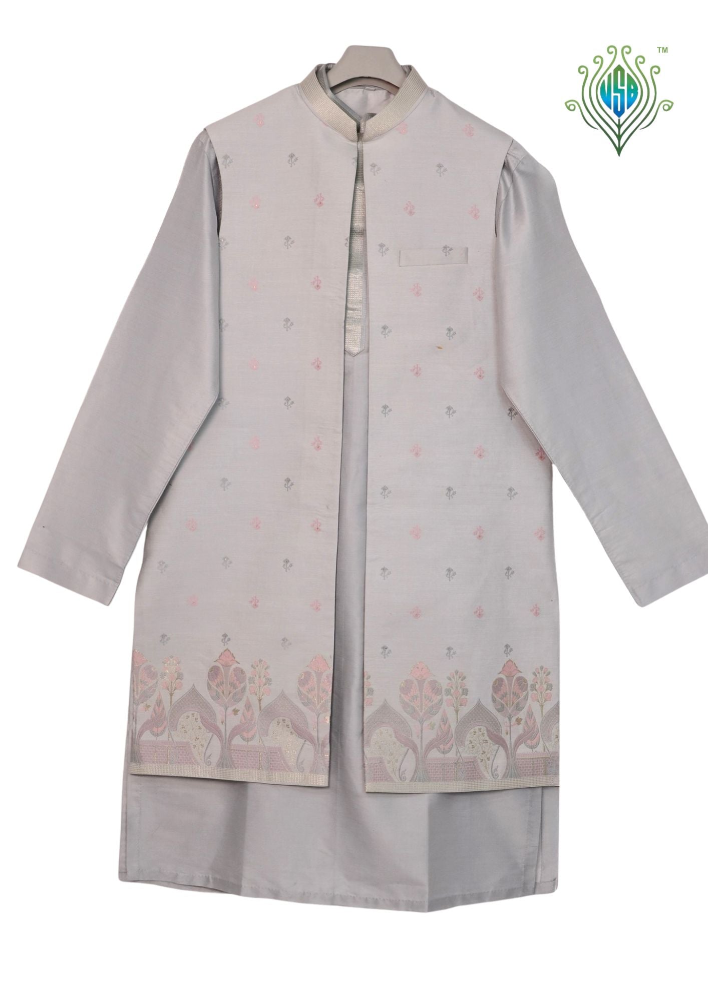 MJ 012D: Silver Grey Banarasi Silk Kurta Payjama Jacket