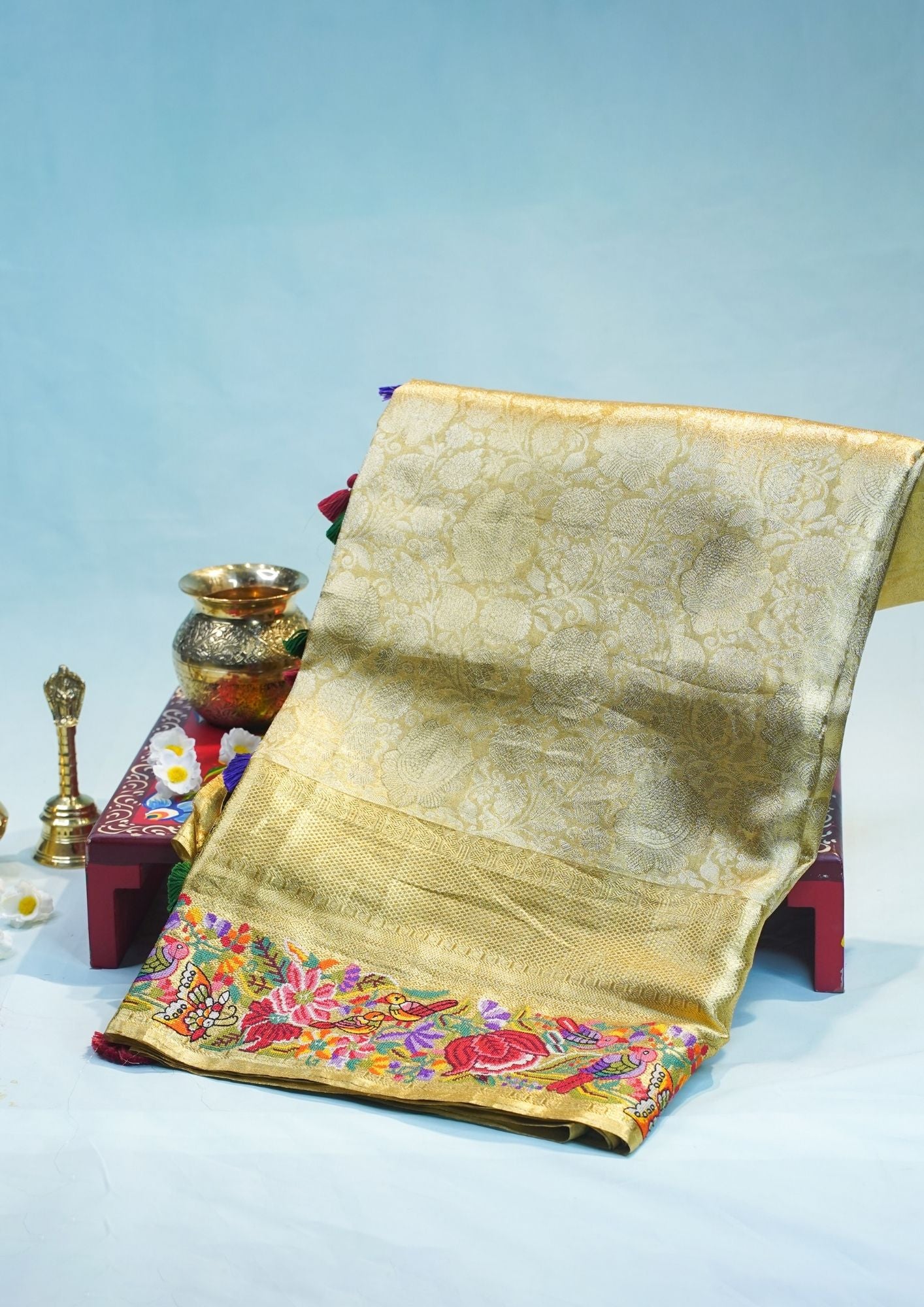 "Founder Choice 043" Banarasi Golden Pure Kanjivaram With Tissue Saree With Handcrafted Cross Stitch Work