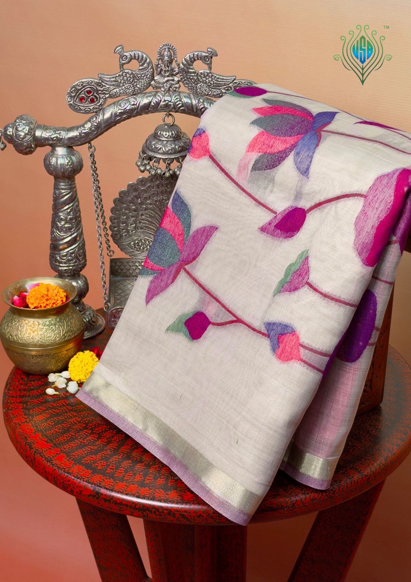 UTSAV BANARAS 462: Natural Ivory Cotton Saree with Multicolor Resham Lotus Floral Work