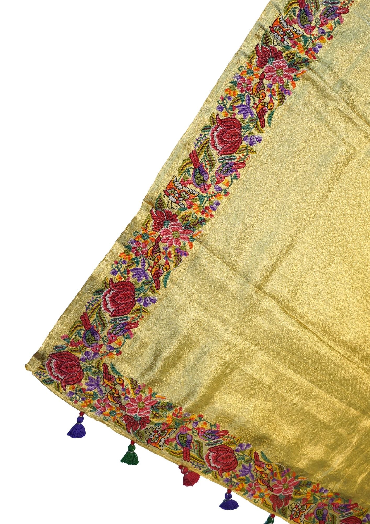 "VIRASAT 207" Banarasi Golden Pure Kanjivaram Silk Saree With Handcrafted Cross Stitch Work