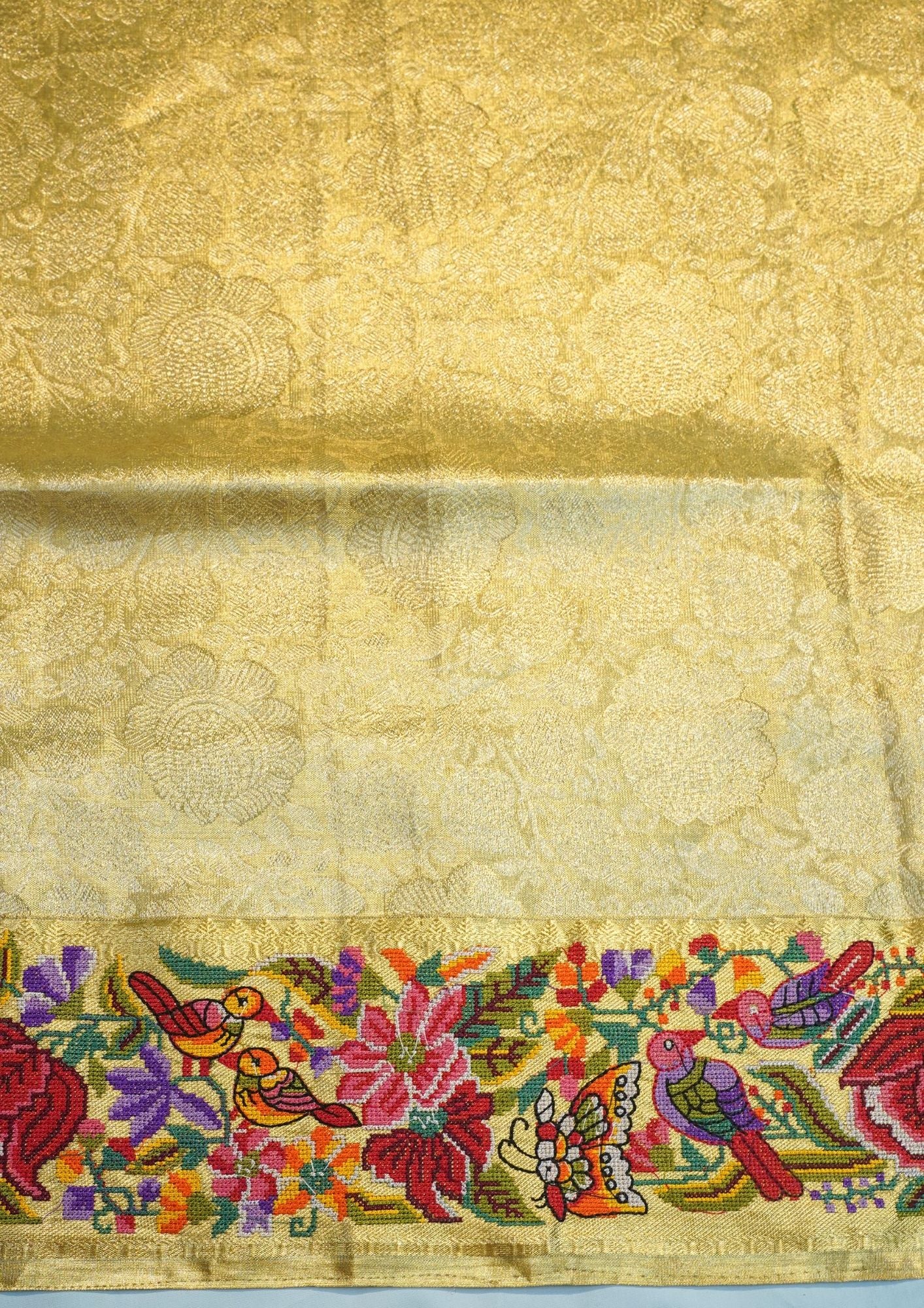 "VIRASAT 207" Banarasi Golden Pure Kanjivaram Silk Saree With Handcrafted Cross Stitch Work