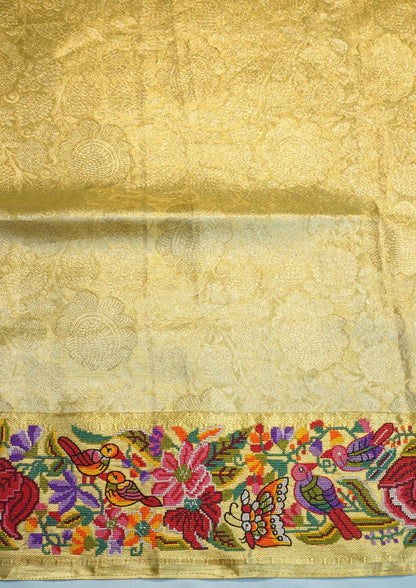 "VIRASAT 207" Banarasi Golden Pure Kanjivaram Silk Saree With Handcrafted Cross Stitch Work
