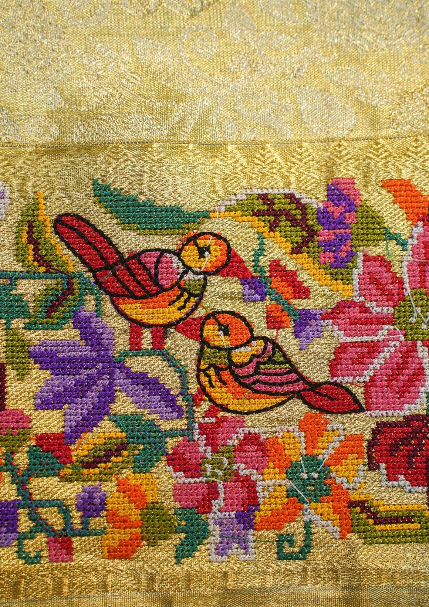"VIRASAT 207" Banarasi Golden Pure Kanjivaram Silk Saree With Handcrafted Cross Stitch Work