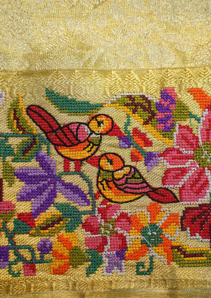 "VIRASAT 207" Banarasi Golden Pure Kanjivaram Silk Saree With Handcrafted Cross Stitch Work