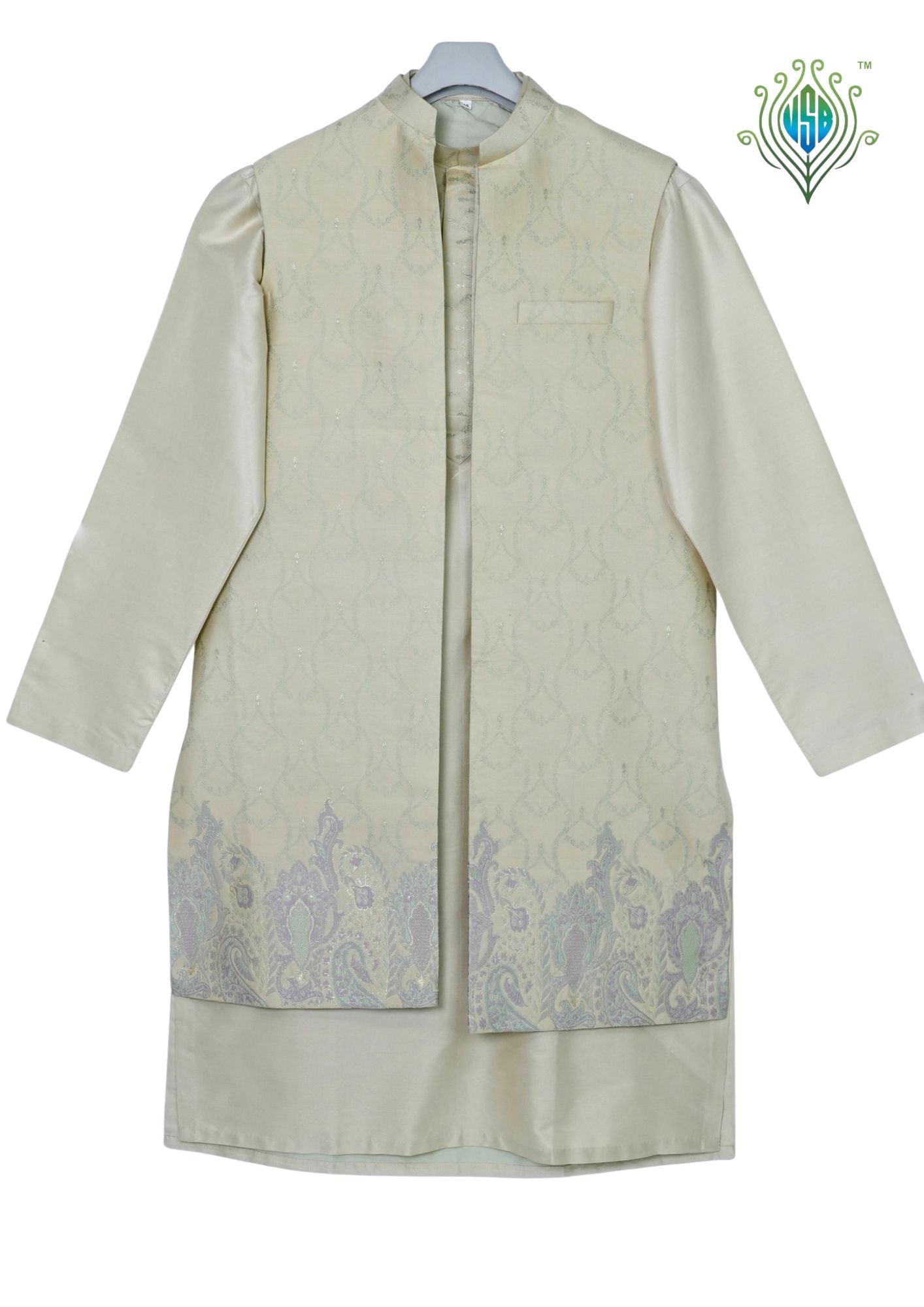 MJ 012E: Pista Green Banarasi Silk Kurta Payjama Jacket