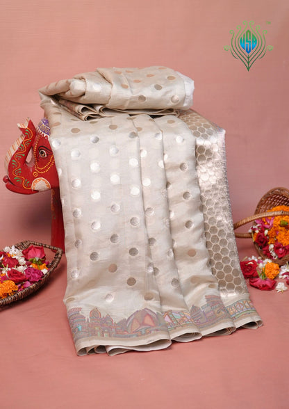 VIRASAT 429B: Ivory Pure Silk Banarasi Saree with Heritage Ghat Border, Gold Zari Meenakari &amp; Polka Dot Weaving
