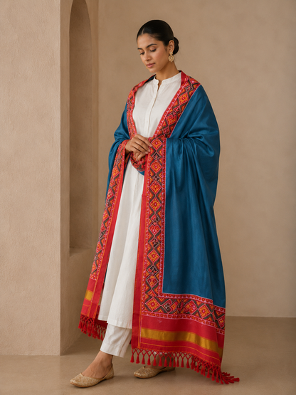 MCD 032: Beautiful Teal Blue Patola Silk Dupatta With Tassels And Standard Length