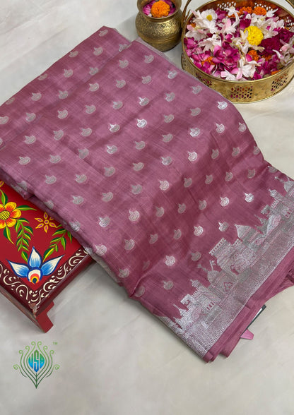 VIRASAT 404: Mauve Pink Pure Silk Saree with Silver Ghat Border &amp; Diya Motifs