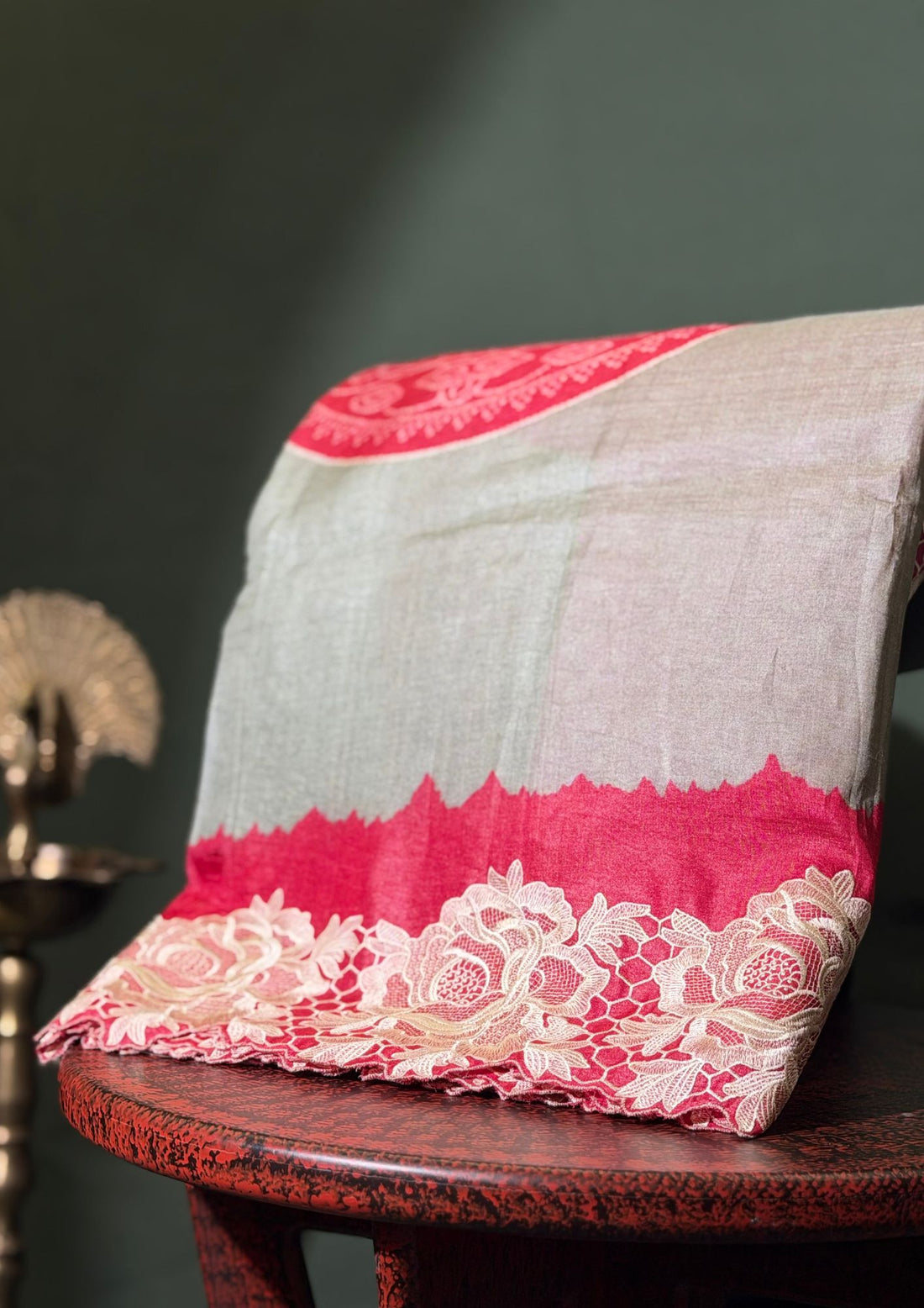 "Founder Choice 024" Banarasi Contemporary Beige &amp; Pink Tussar Silk Saree With Resham Cutwork Border