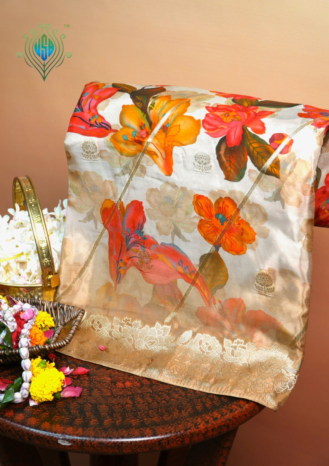 UTSAV BANARAS 491: Camel Malai Silk Saree with Digital Floral Print, Zari Stripe Design &amp; Floral Zari Border