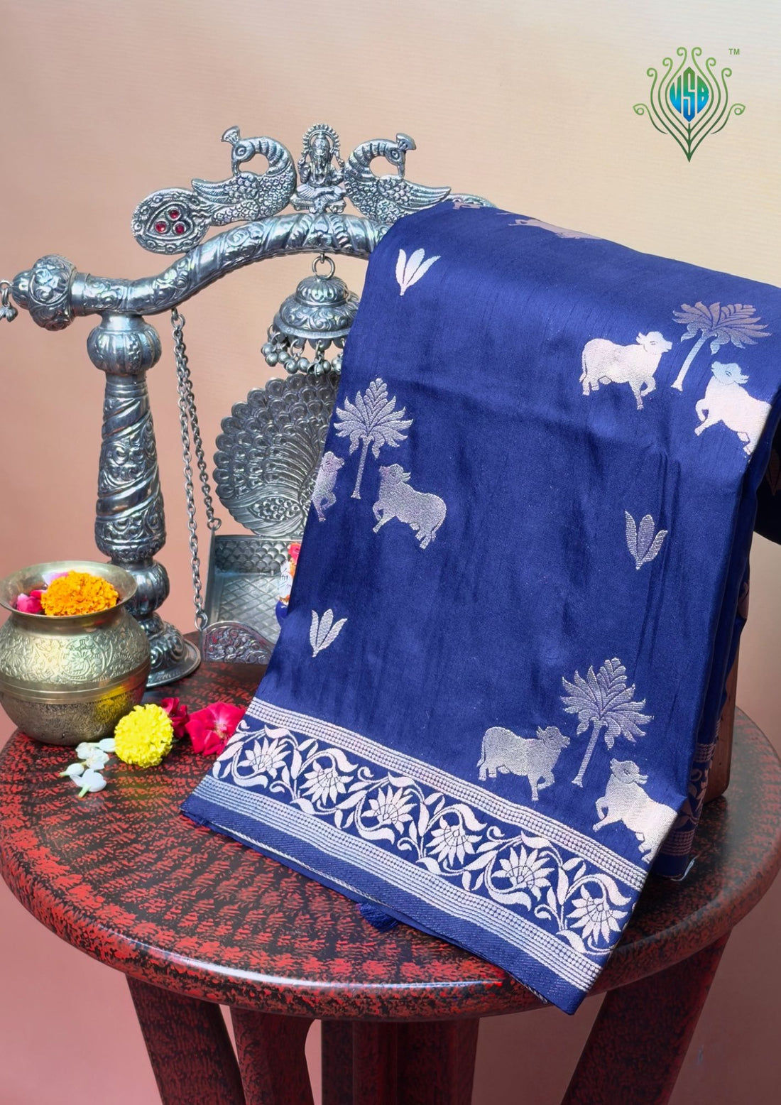 Utsav Banaras 437: Royal Indigo Blue Soft Silk Saree with Gold  Zari Animal &amp; Palm Tree Motifs