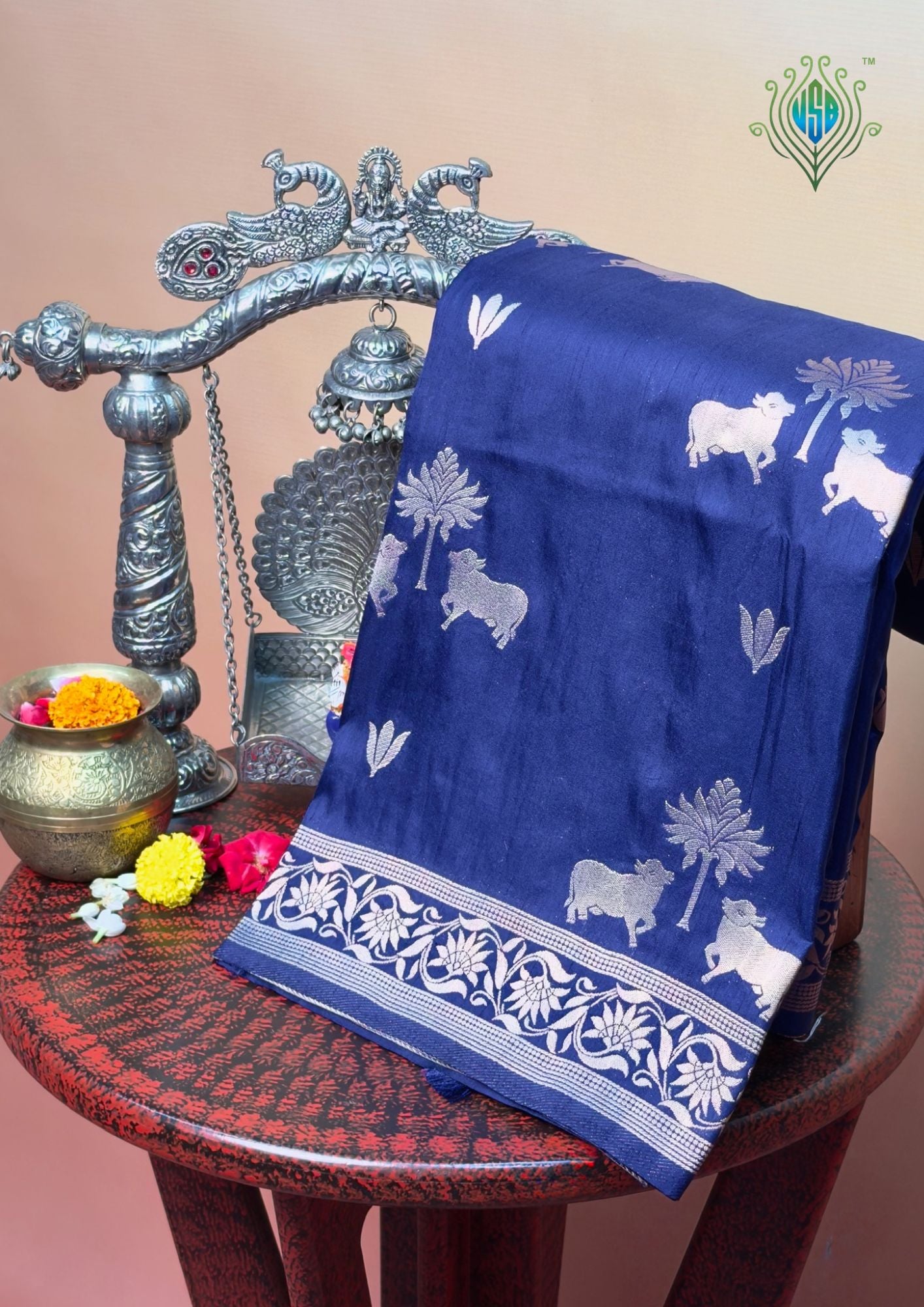 Utsav Banaras 437: Royal Indigo Blue Soft Silk Saree with Gold  Zari Animal &amp; Palm Tree Motifs