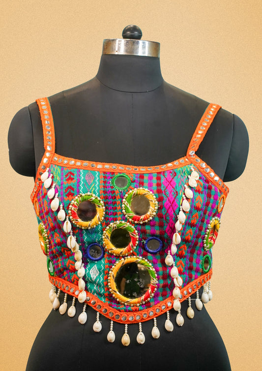 "RDM BL 017" Banarasi Colorful Embroidered Navratri Garba Top With Shell Latkan
