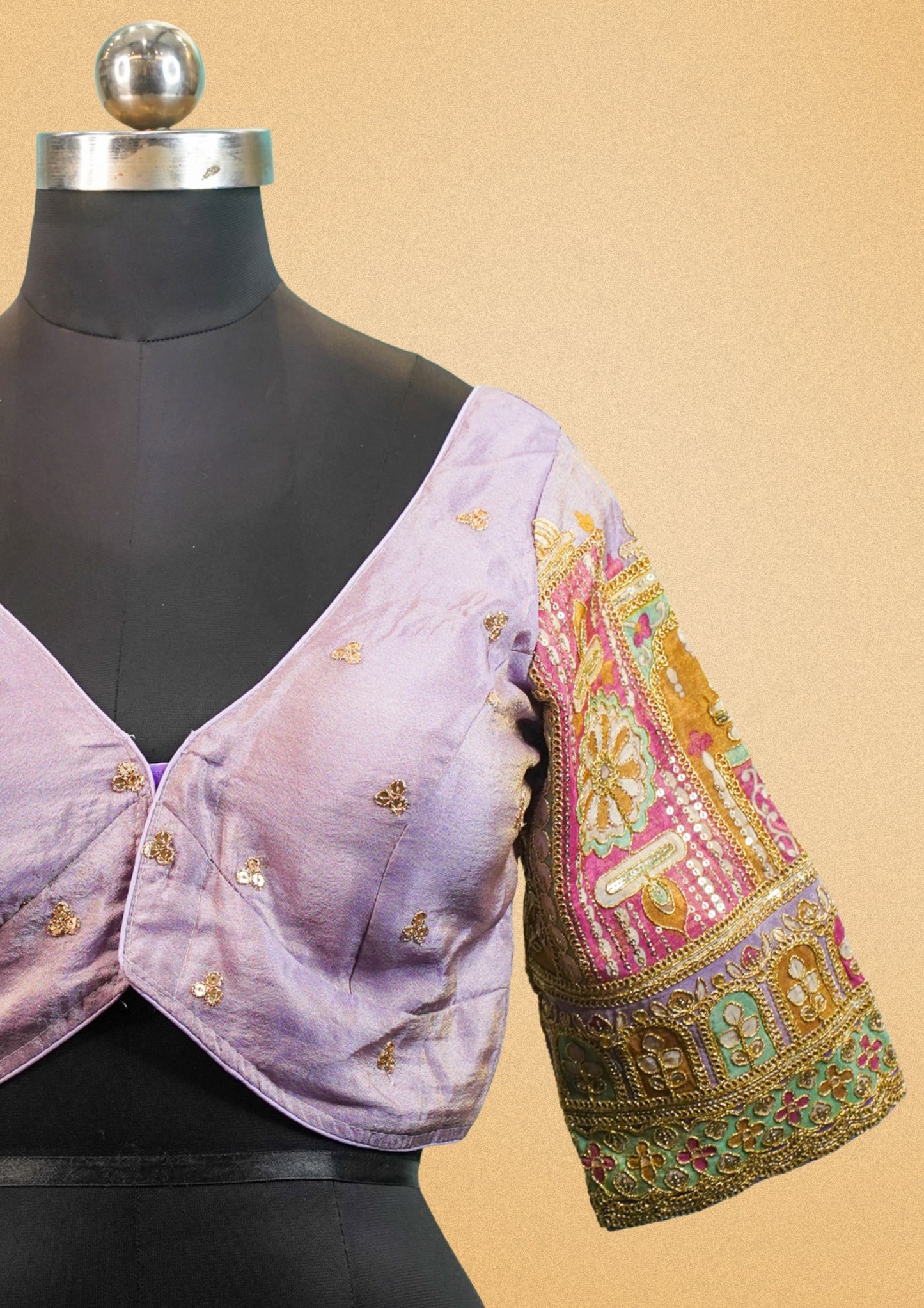 "RDM BL 018B" Banarasi Elegant Lavender Blouse With Golden Embroidery & Designer Sleeves