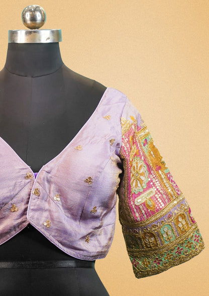 "RDM BL 018B" Banarasi Elegant Lavender Blouse With Golden Embroidery & Designer Sleeves