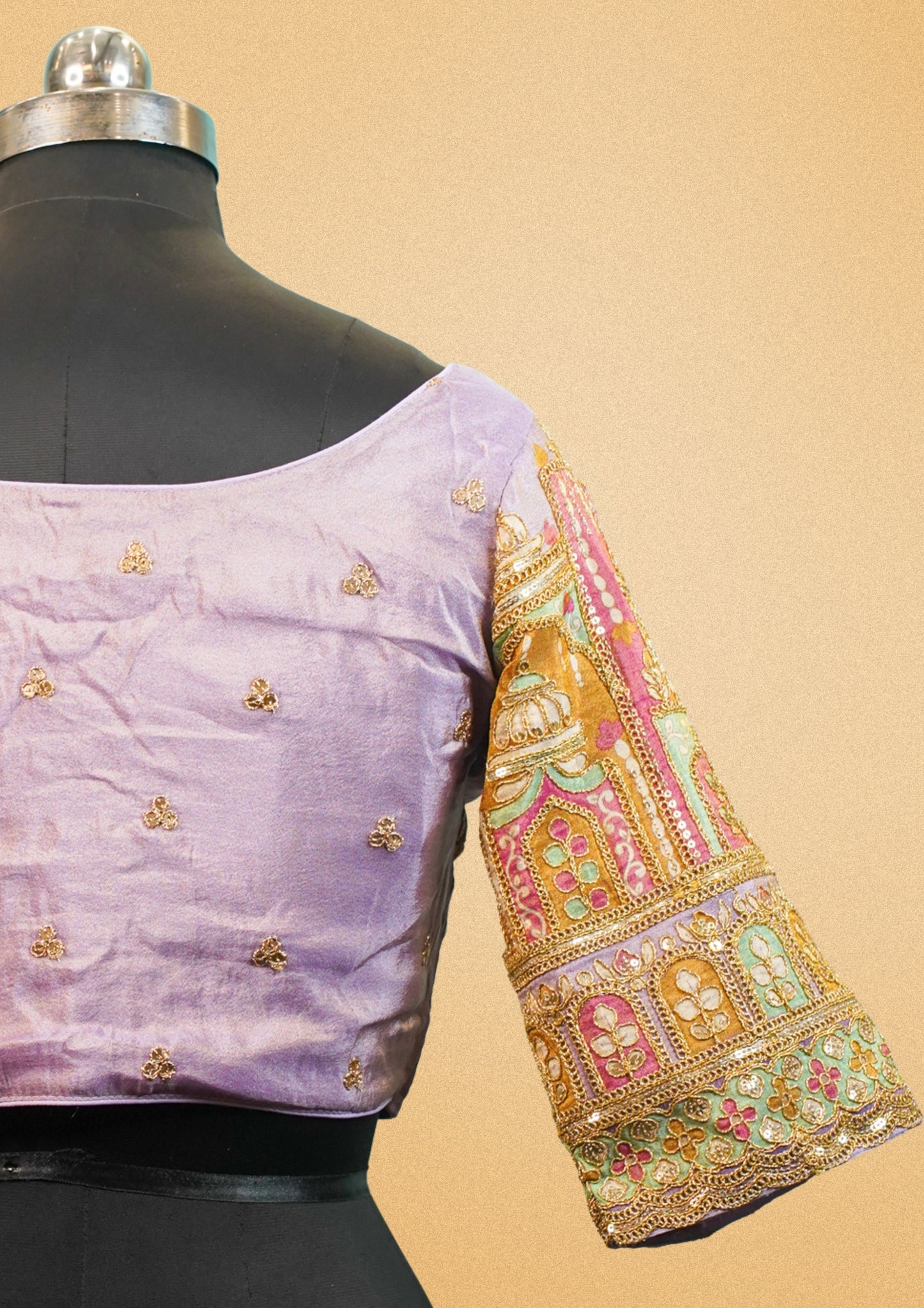 "RDM BL 018B" Banarasi Elegant Lavender Blouse With Golden Embroidery & Designer Sleeves