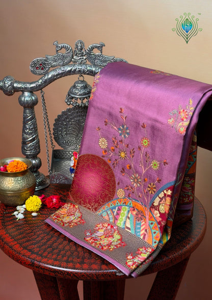 UTSAV BANARAS 476: Dusty Mauve Butter Silk Saree with Royal Paisley Position Print &amp; Contrast Blouse