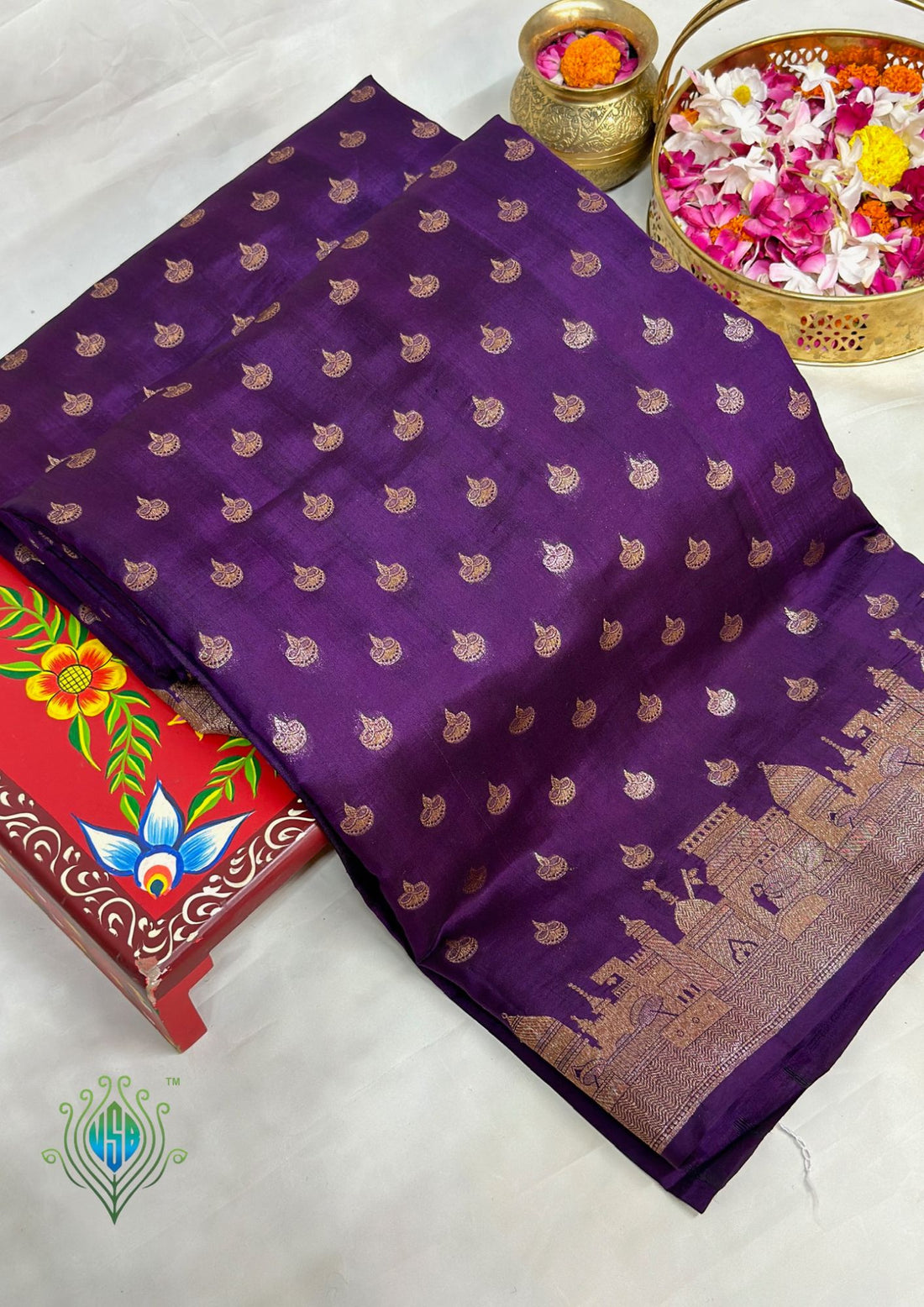 VIRASAT 403: Deep Purple Pure Silk Saree with Zari Ghat Design &amp; Diya Motifs