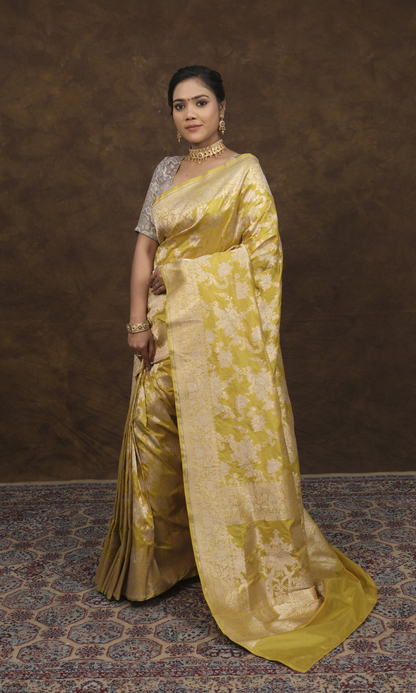 Sulekha Banarasi Jangla Jaal Saree: Woven with Pure Gold Rupa Zari and A-Grade Silk