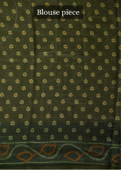 Waah Banaras 069 Olive Green Malai Silk Saree with Chunari Big Buta Print &amp; Zari Border