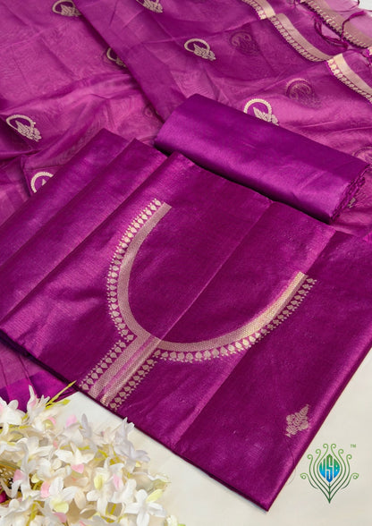 MANSI 117: Pure Magenta Raw Silk Unstitched Suit Set with Elegant Gold Zari Work