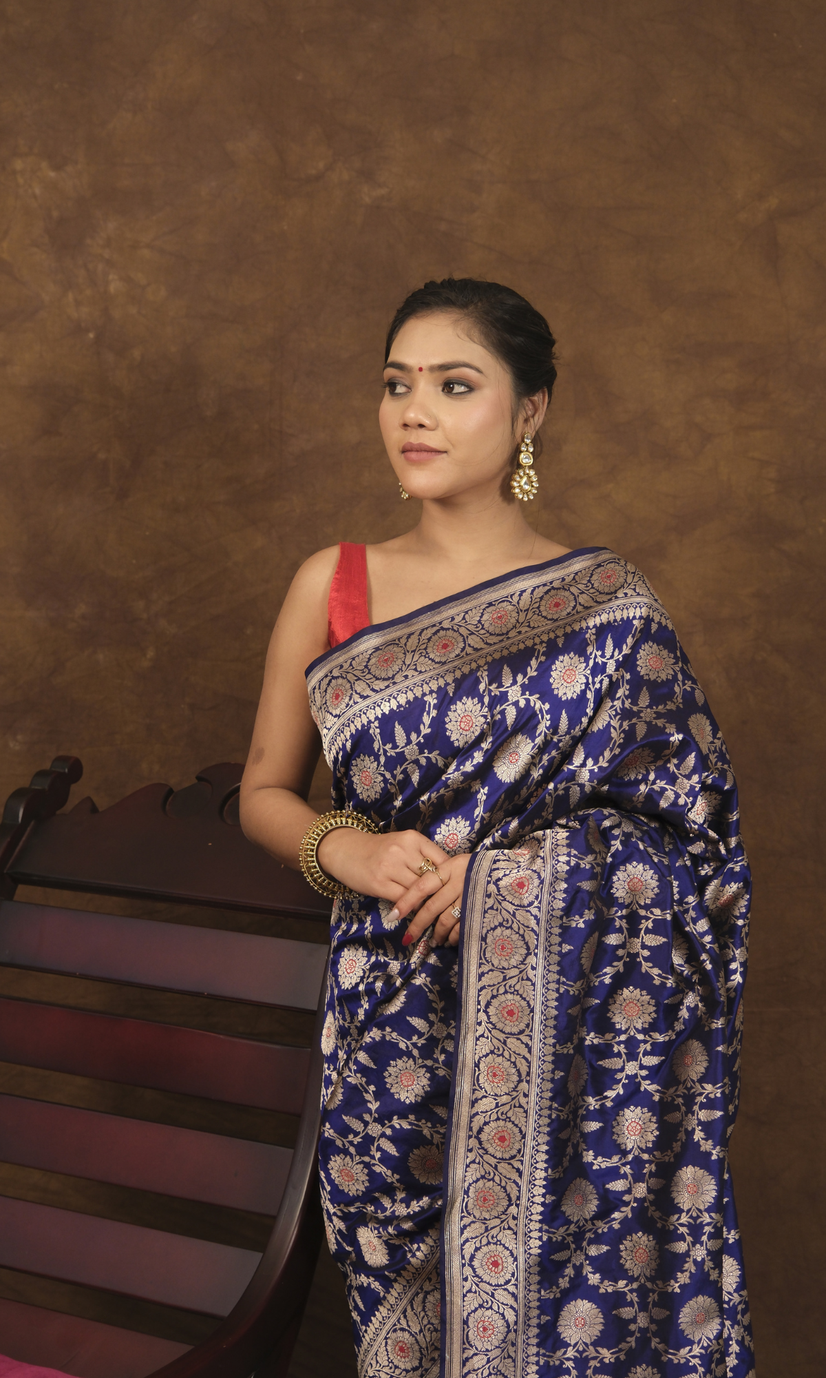 VIRASAT 161: Navy Blue Pure Handloom Katan Silk Mughal Meenakari Floral Jaal Saree