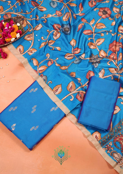 MANSI 178C: Steel Blue Banarasi Silk Suit Set with Soft Kalamkari Dupatta