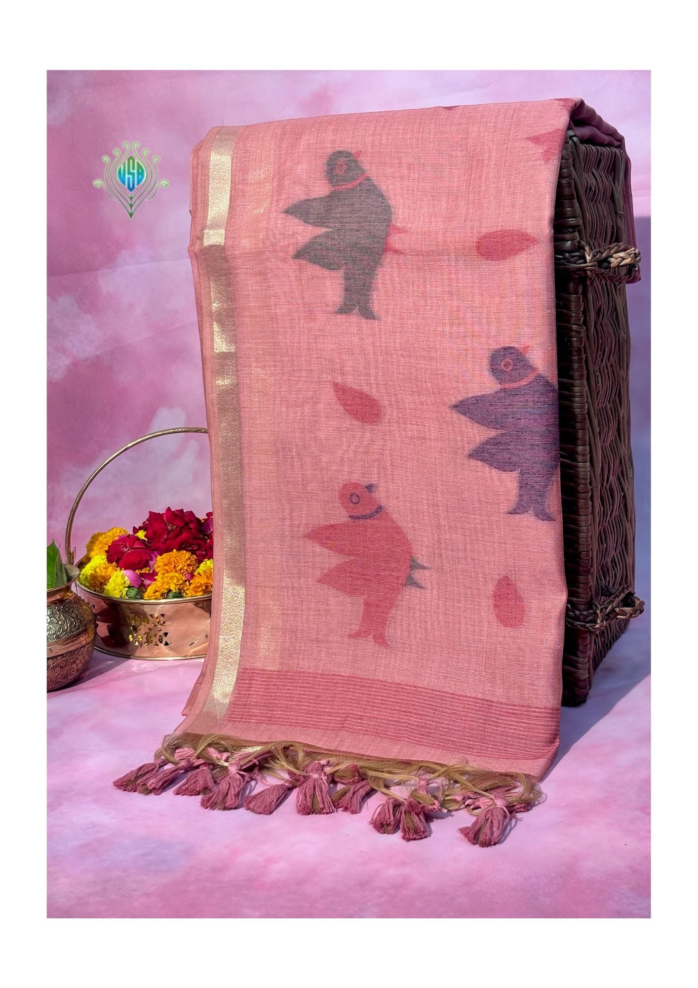 Utsav Banaras 068: Dusty Peach Jamdani Saree with Artistic Bird &amp; Floral Weave