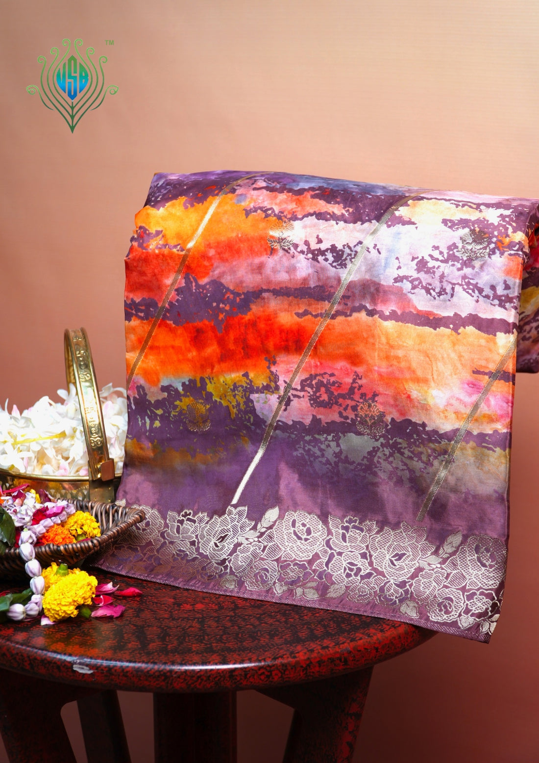 UTSAV BANARAS 490: Orchid Malai Silk Saree with Digital Print, Zari Stripe Design &amp; Floral Zari Border