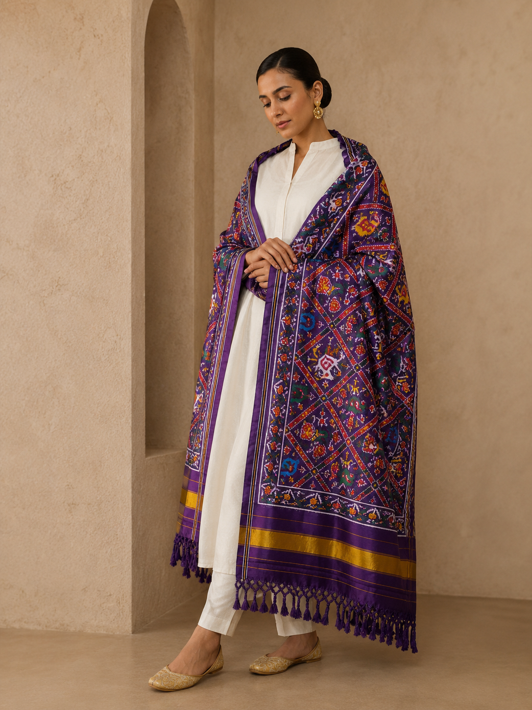 MCD 039: Beautiful Purple Patola Silk Dupatta With Tassels And Standard Length