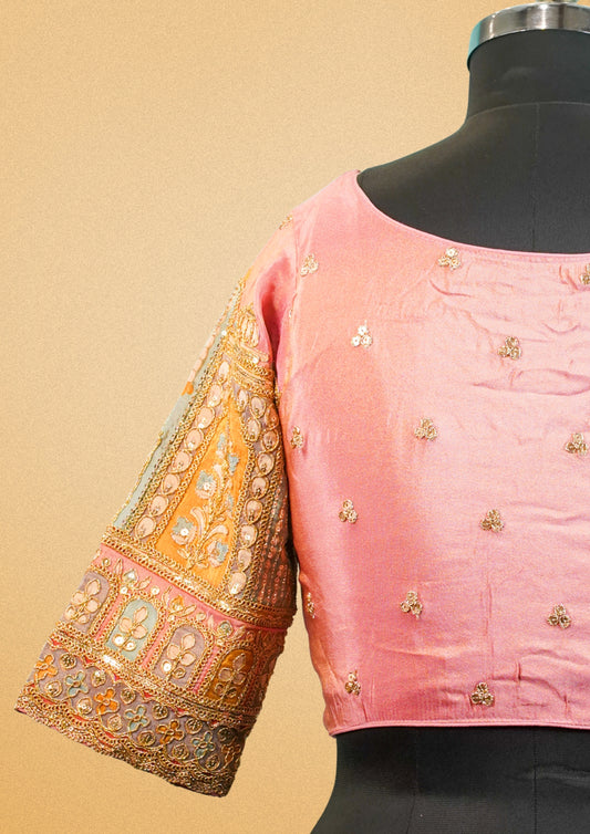 "RDM BL 018" Banarasi Designer Pink Blouse With Golden Embroidery & Heavy Work Sleeves