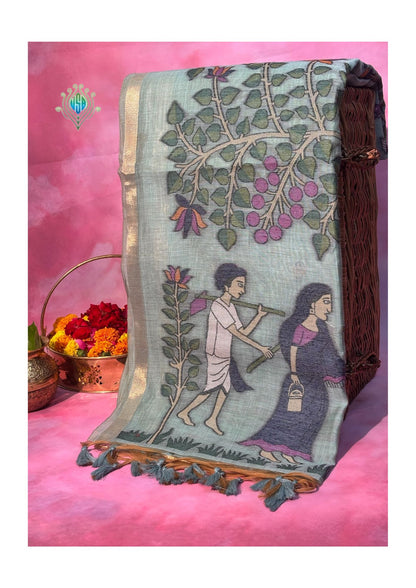 Utsav Banaras 070: Powder Blue Jamdani Saree with Tree of Life &amp; Tribal Narrative Weave
