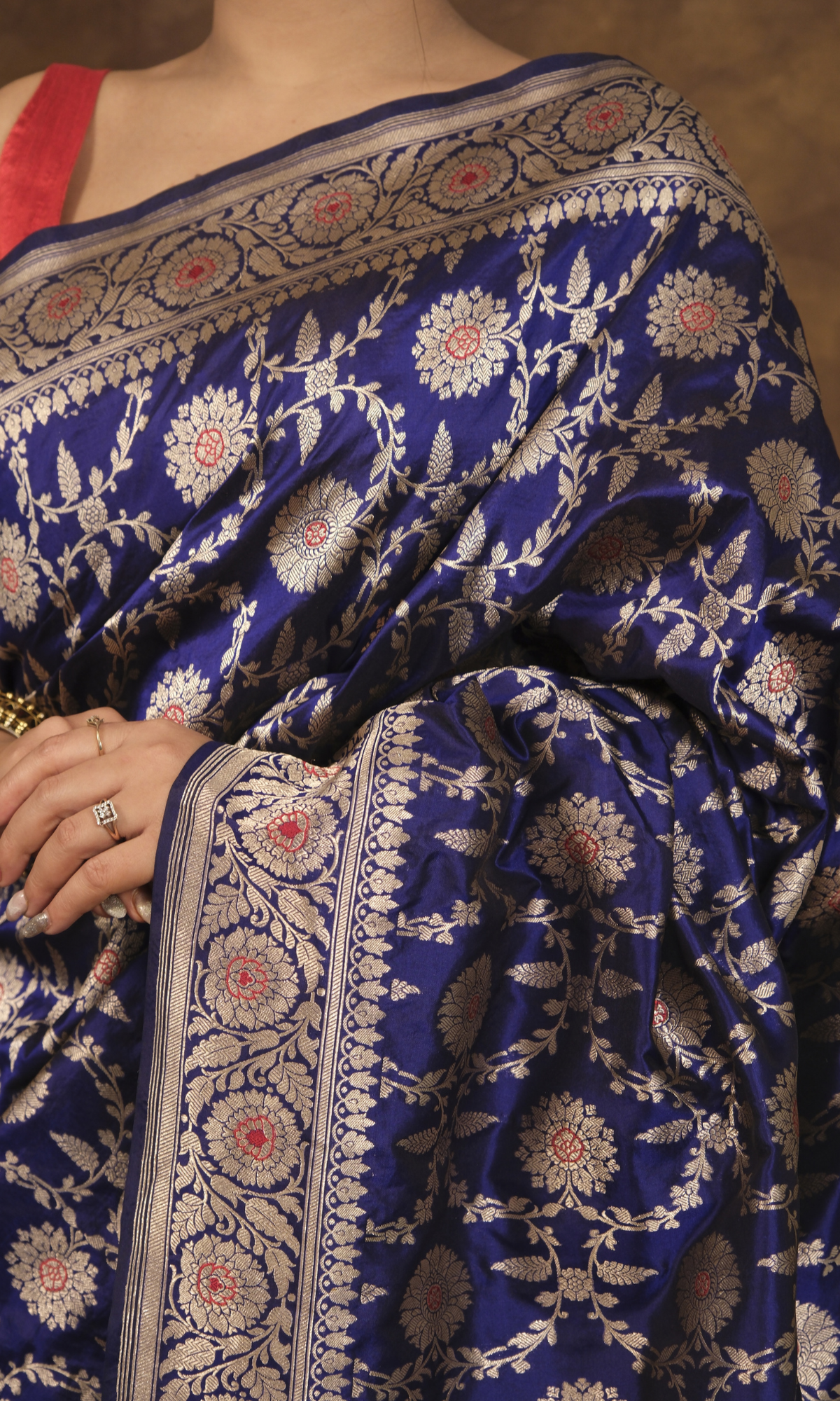 VIRASAT 161: Navy Blue Pure Handloom Katan Silk Mughal Meenakari Floral Jaal Saree