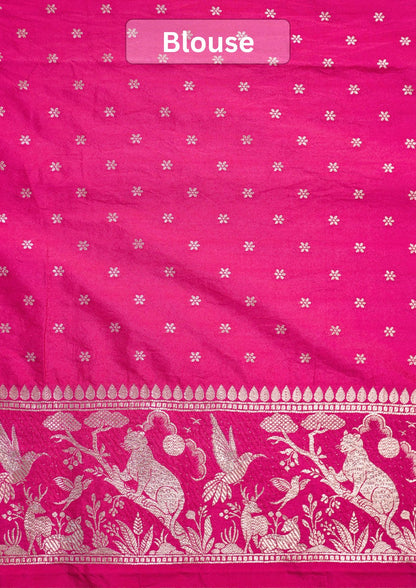 Waah Banaras 180: Rich Rani Semi Katan Silk Saree With Beautiful Bird Border