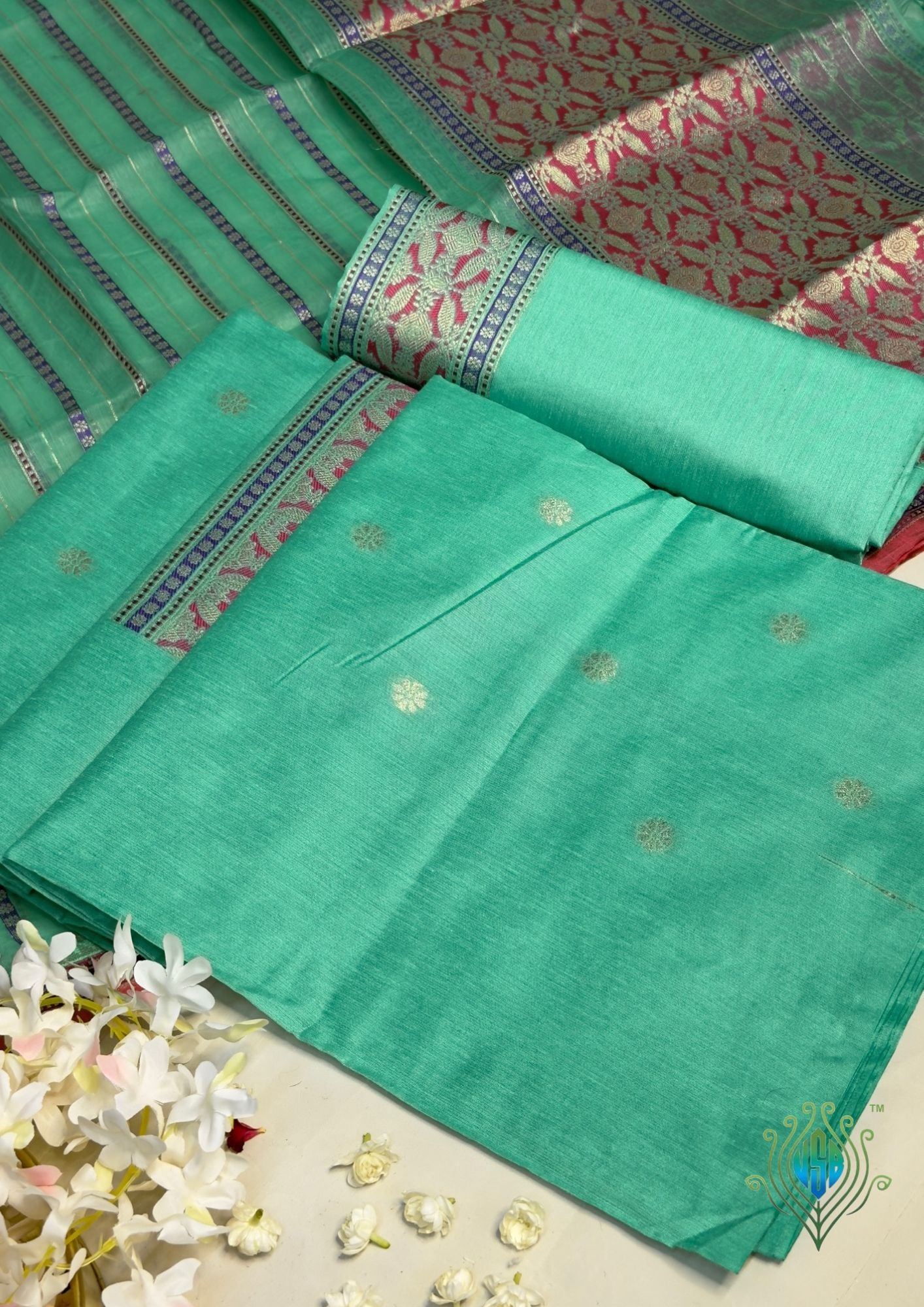 MANSI 169: Aqua Green Raw Silk Suit Set with Designer Woven Dupatta