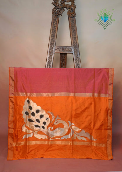 VIRASAT 440: Tropical Peach Pure Handloom Katan Silk Saree | Mor Pankh Pallu | Sona Rupa Dual Tone