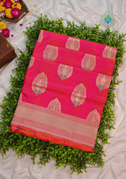 VIRASAT 03B: Peach Dual Tone Pure Handloom Katan Silk Meenakari Celebrity Inspired Abeer Buta Saree
