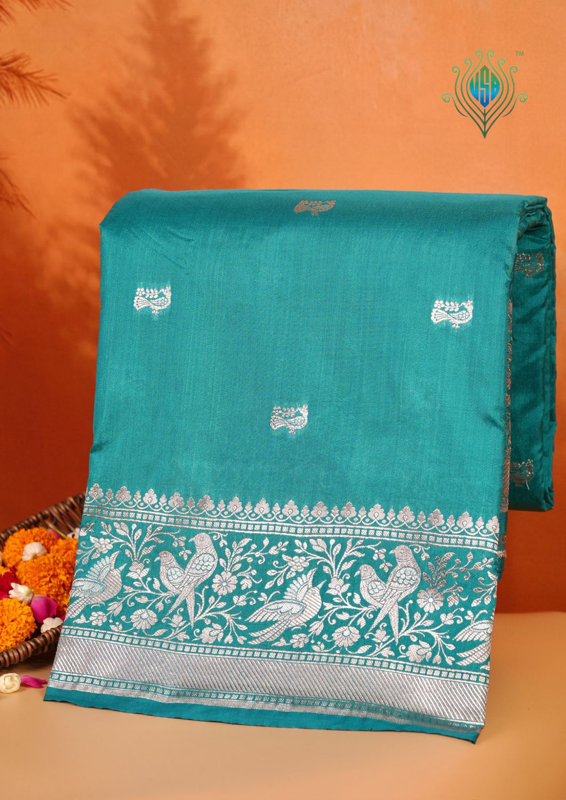 Waah Banaras 181: Sea Green Semi Katan Silk Saree With Beautiful Bird Border