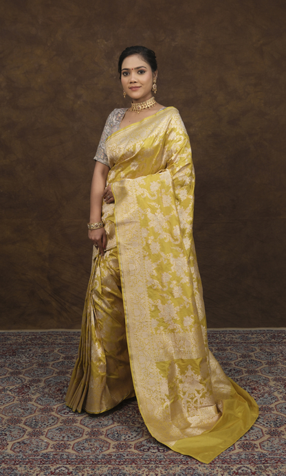 Sulekha Banarasi Jangla Jaal Saree: Woven with Pure Gold Rupa Zari and A-Grade Silk