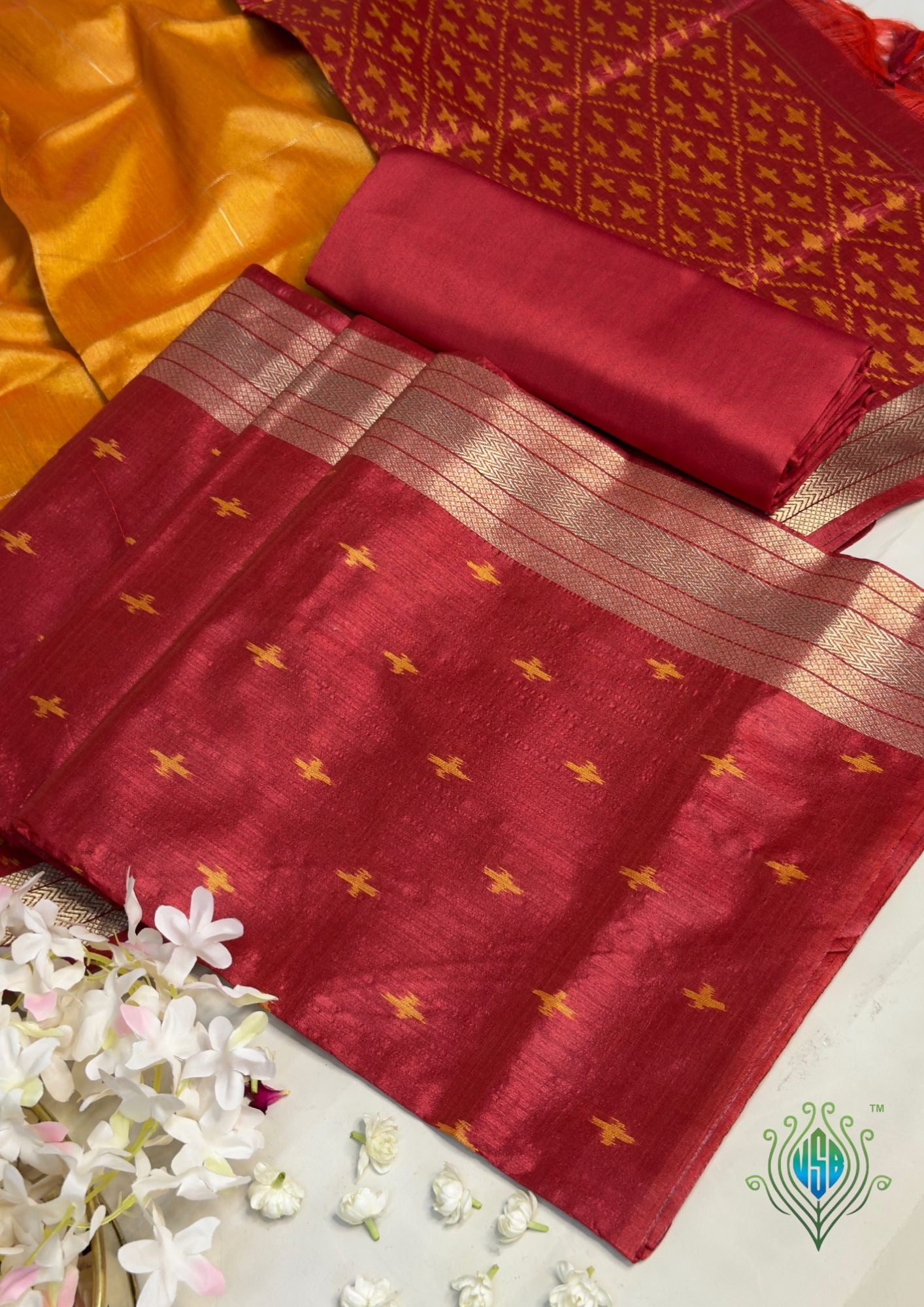 MANSI 166: Royal Red Raw Silk Suit Set with Orange &amp; Red Designer Dupatta