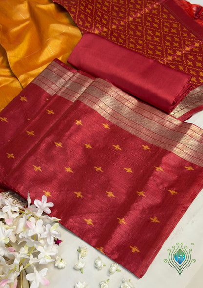 MANSI 166: Royal Red Raw Silk Suit Set with Orange &amp; Red Designer Dupatta