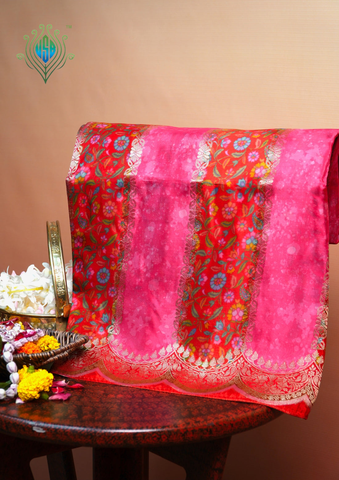 UTSAV BANARAS 493: Malai Silk Digital Print Saree with Zari Vertical Design &amp; Scallop Border