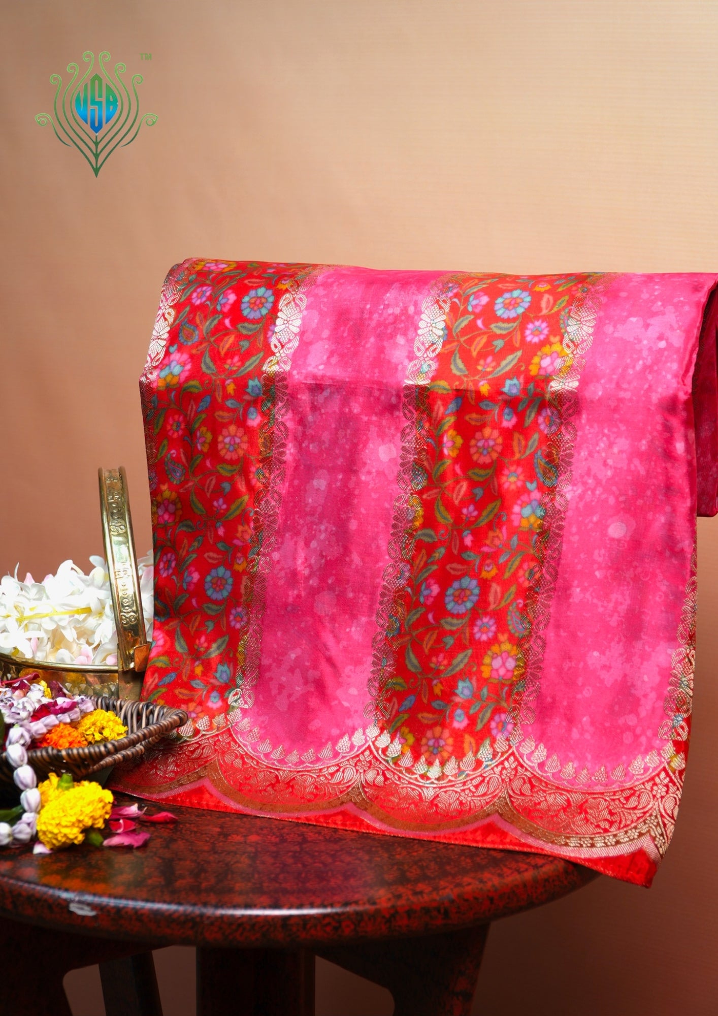 UTSAV BANARAS 493: Malai Silk Digital Print Saree with Zari Vertical Design &amp; Scallop Border