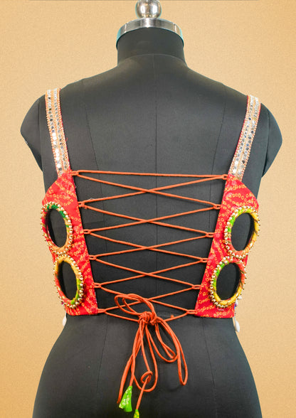 "RDM BL 028" Banarasi Bandhani Blouse Mirror Work Choli With Cowrie Shells & Embroidery